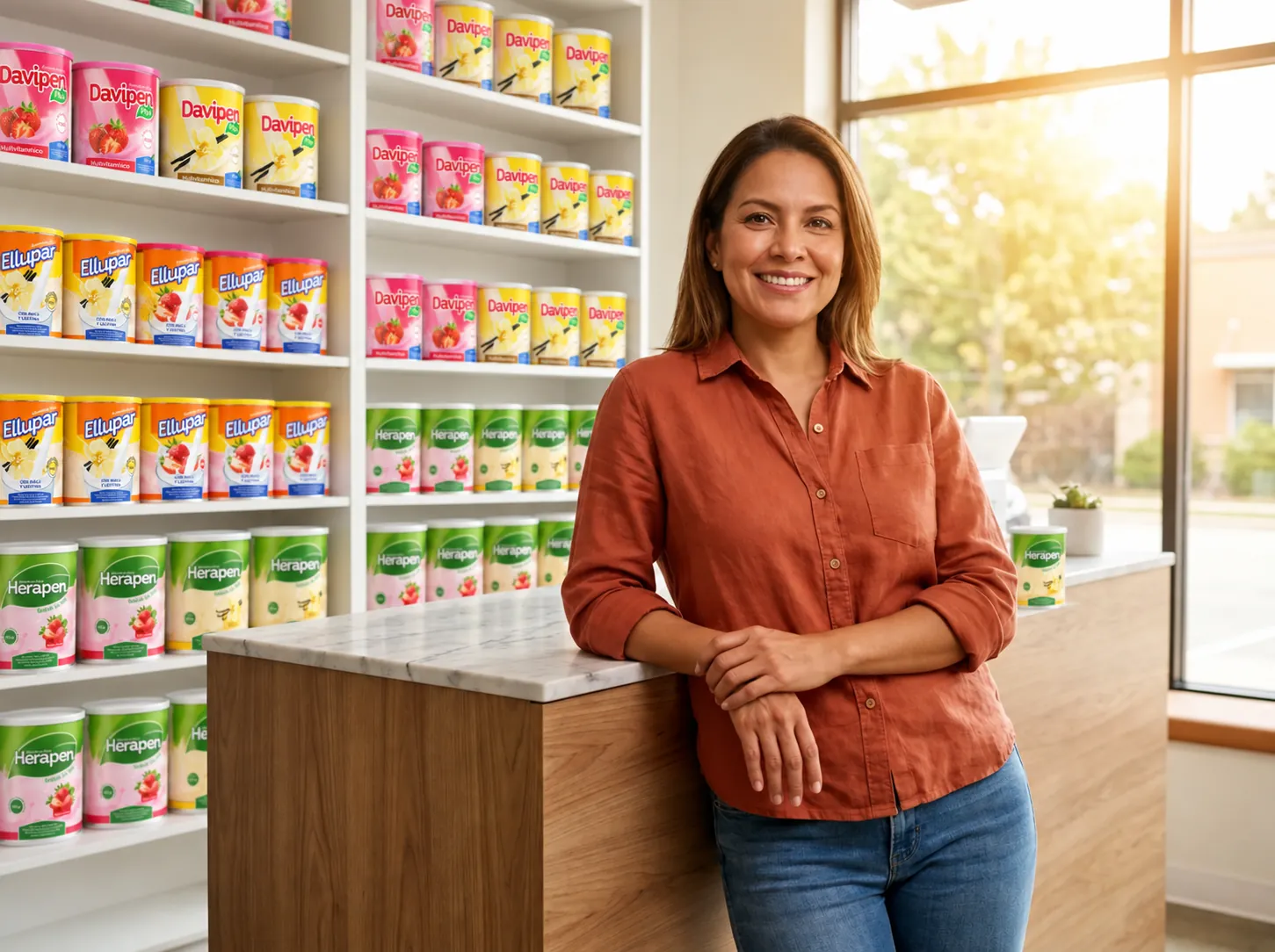 Distribuidora en su tienda con Davipen Plus, Ellupar y Herapen en los estantes