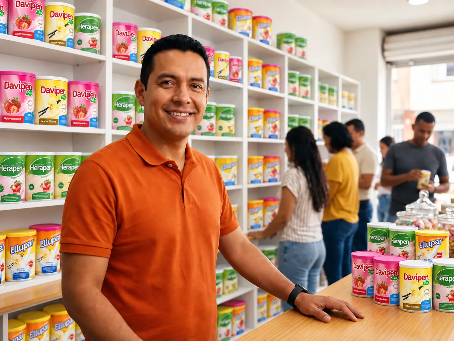 Comerciante atendiendo clientes con productos Herpeñol
